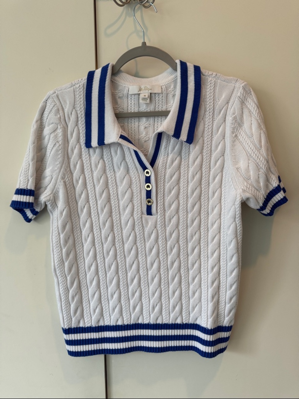 NWOT Lilly Pulitzer White Cable-Knit Polo with Blue Trim